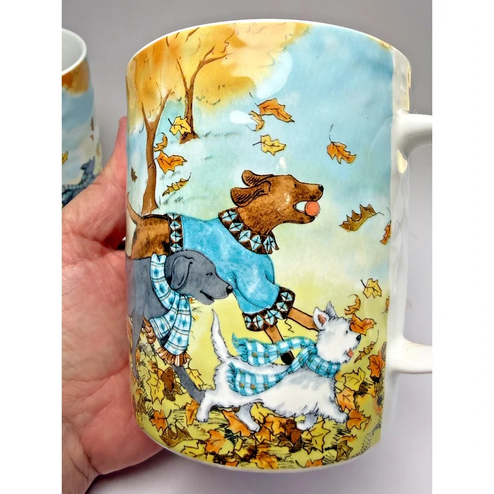 Pier 1 Park Avenue Puppies Mug Lazy Sunday Autumn Dogs 22 Oz Mug Retired Set 2